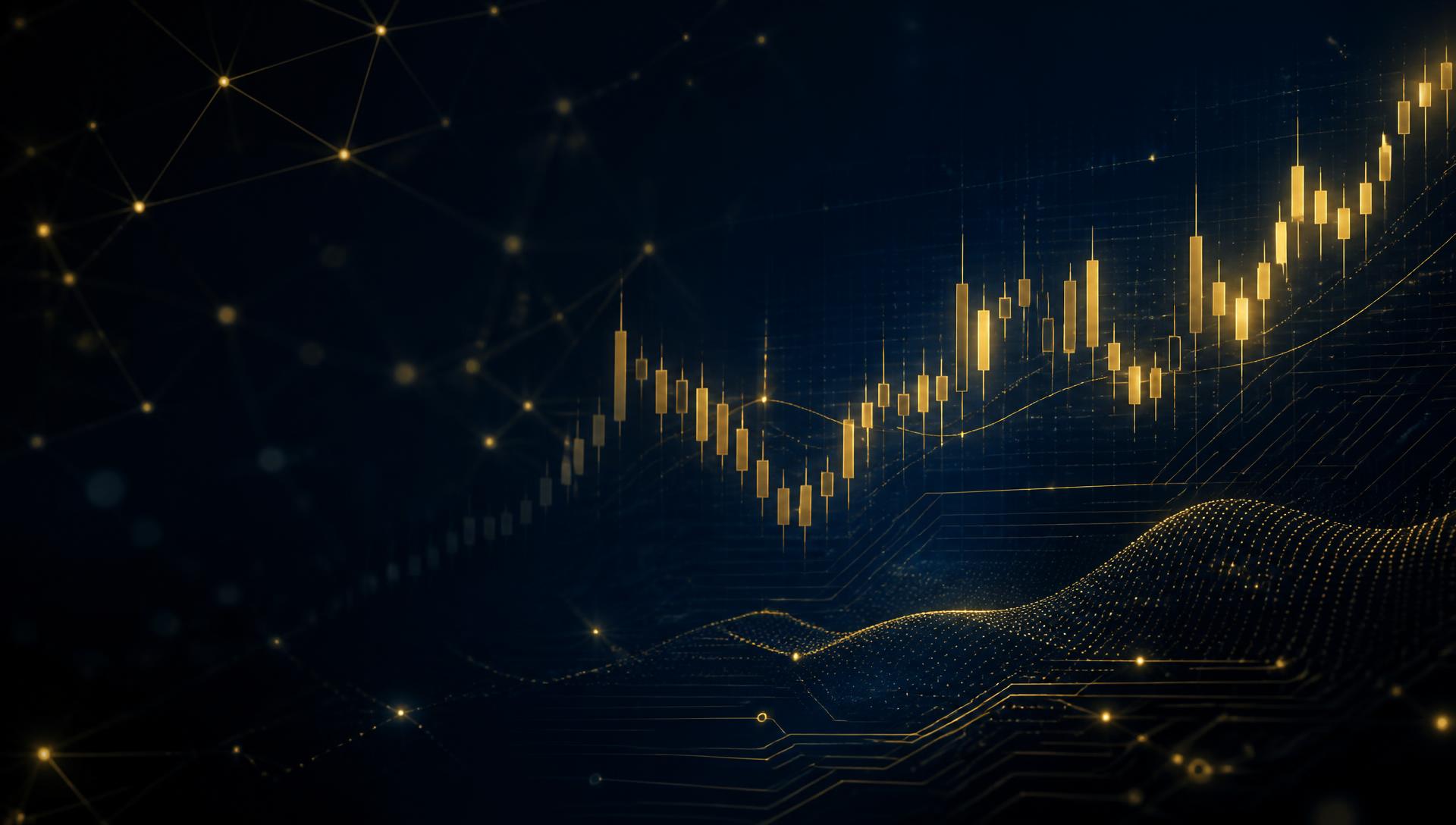 Golden candlestick chart over a dark blue neural network background